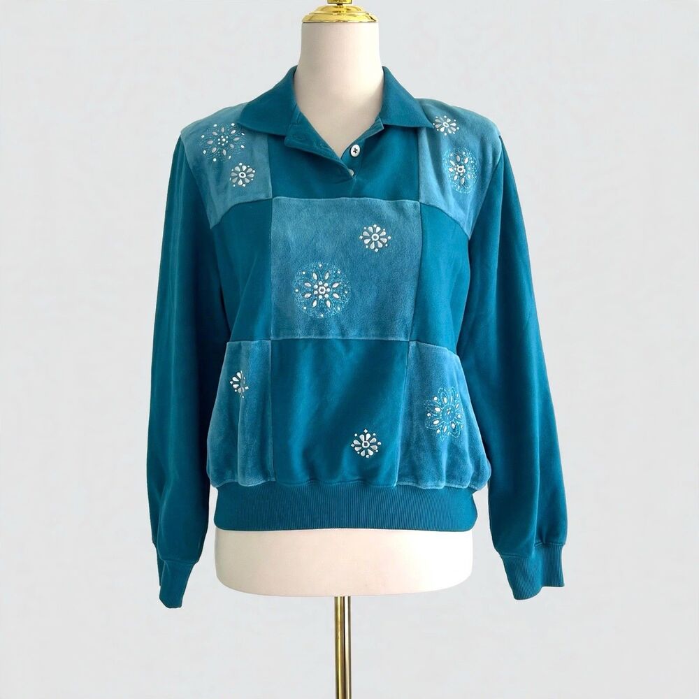Vintage Alfred Dunner Blue Velvet Beaded Patchwork Collared Sweater Womens S